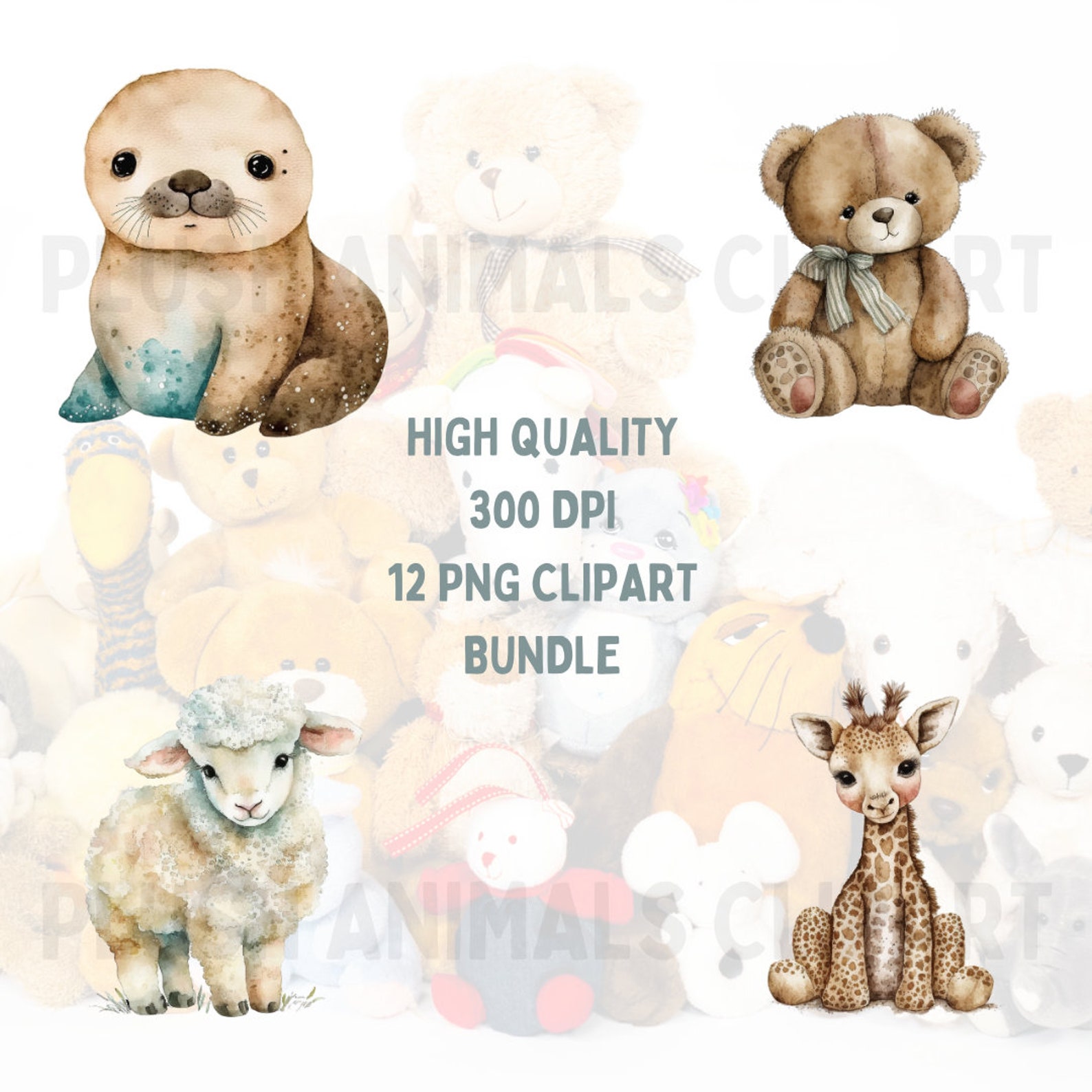 Watercolor Plush Animals Clipart: PNG Bundle (digital Download) - Etsy