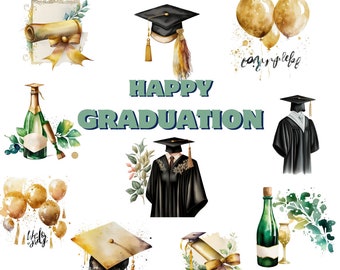 May include: A watercolor illustration of graduation themed elements, including a cap and gown, champagne bottles, balloons, and the text "Happy Graduation".