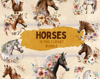 Op de afbeelding: Een digitaal clipart-pakket met 15 aquarel-illustraties van paarden met bloemmotieven. De paarden staan in verschillende poses en hebben verschillende gekleurde manen en staarten. De bloemen zijn in tinten roze, paars en geel.