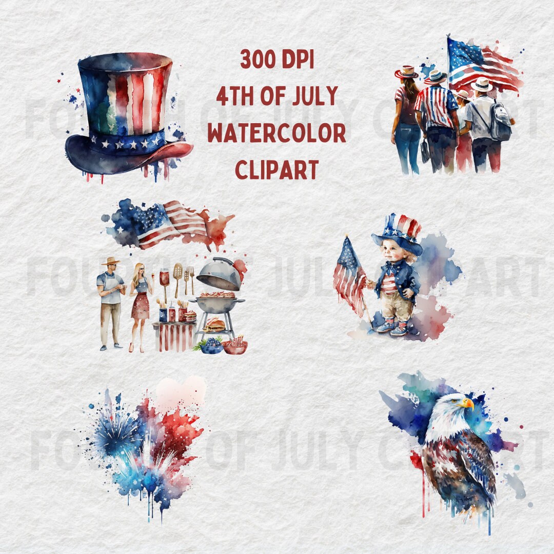 Watercolor 4th of July Clipart Bundle: Patriotic PNG Images (digital ...
