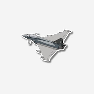 Könnte beinhalten: Ein Aufkleber eines grau-schwarzen Kampfflugzeugs mit weißem Rand. Das Flugzeug hat ein schlankes Design mit Flügeln, Leitwerk und Cockpit. Der Aufkleber befindet sich auf weißem Hintergrund.