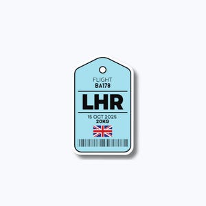 May include: A light blue luggage tag with the text "FLIGHT BA178", "LHR", "15 OCT 2025", and "20KG". The tag also features a barcode and the Union Jack flag.