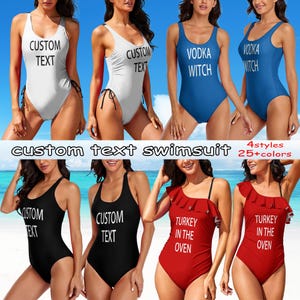 May include: Four different styles of one-piece swimsuits with customizable text. The swimsuits are in black, white, blue, and red. The text on the swimsuits includes "Custom Text", "Vodka Witch", and "Turkey in the Oven".