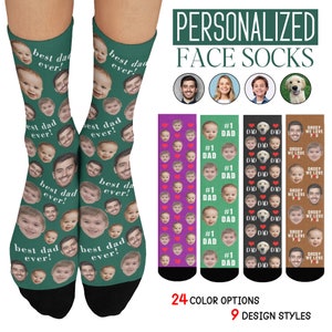 May include: A pair of green socks with a repeating pattern of faces and the text "best dad ever!"  The socks are personalised with a face on each sock.  The socks are shown against a white background with a banner that reads "Personalized Face Socks".  The banner also shows a variety of other sock designs with different colours and patterns.