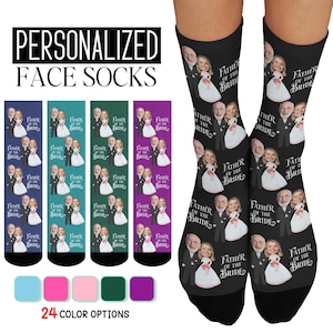 May include: Personalized socks with a repeating pattern of a cartoon couple in wedding attire. The socks are available in 24 color options. The text on the socks reads "Father of the Bride".