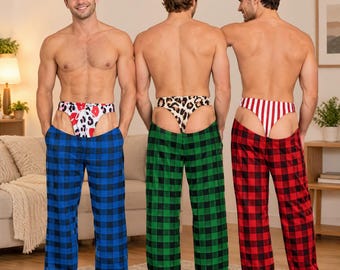 Mens Plaid Cutout Pajama Pants, Novelty Open Back Lounge Pants, Funny Gag Gift