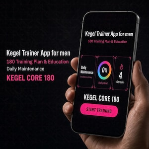 May include: A smartphone displaying the Kegel Trainer App for men, featuring a 180 Training Plan & Education, Daily Maintenance, and KEGEL CORE 180. The screen shows a 0% daily goal progress ring, a 4-day streak icon, and a pink Start Training button.