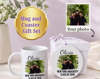Custom Photo Graduation Mug and Coaster Gift Set: Personalized College Gift Ideas for Her, University High School Graduate, Curated Gift Box