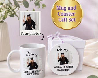 Custom Photo Graduation Mug and Coaster Curated Gift Set: Personalized College Gift Ideas for Her, University High School Graduate, Gift Box