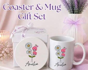 Personalized Birth Flower Mug and Coaster Gift Set: Custom Gift Ideas with Name, Present for Her, Gift Box, Unique Care Package