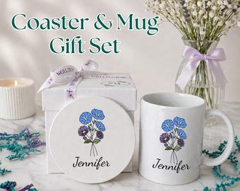Personalized Birth Flower Mug and Coaster Gift Set: Women's Custom Name Present, New Mom Gift Box