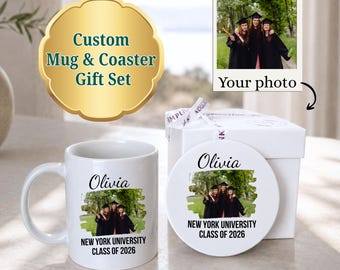 Custom Photo Graduation Mug and Coaster Gift Set: Personalized College Gift Ideas for Her, University High School Graduate, Curated Gift Box