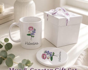 Personalized Birth Flower Mug and Coaster Gift Set: Premium Custom Name Present, New Mom Luxury Gift Box
