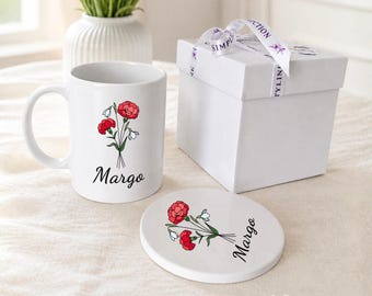 Personalized Birth Flower Mug and Coaster Gift Set: Custom Name Present, New Dad Gift Box