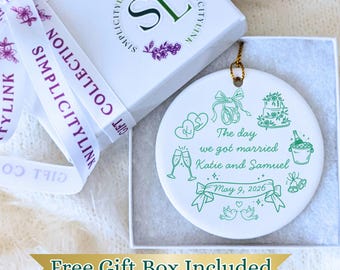 Personalized Wedding Date Doodle Ceramic Ornament: Custom Bridal Line Art Keepsake, The Year We Got Married Couple Premium Gift Idea