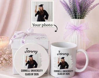Custom Photo Graduation Mug and Coaster Gift Set: Personalized College Gift Ideas for Her, University High School Graduate, Curated Gift Box