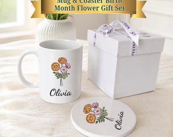 Personalized Birth Flower Mug and Coaster Gift Set: Custom Name Present, New Grandma Gift Box, Unique Gift Idea for Her