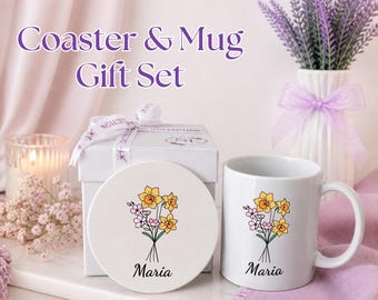 Personalized Birth Flower Mug and Coaster Set: Custom Name, Gift Box