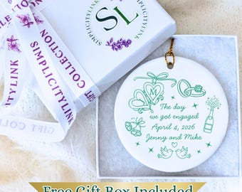 Personalized Engagement Date Doodle Ceramic Ornament: Custom Bridal Line Art Keepsake, The Year We Got Married Couple Premium Gift Idea