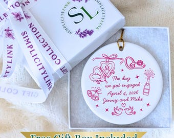 Personalized Engagement Date Doodle Ceramic Ornament: Custom Bridal Line Art Keepsake, The Year We Got Married Couple Premium Gift Idea