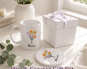 Personalized Birth Flower Mug and Coaster Gift Set: Custom Name Present, Gift Box