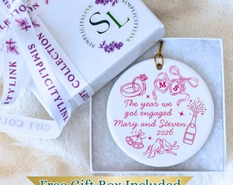 Personalized Engagement Date Doodle Ceramic Ornament: Custom Bridal Line Art Keepsake, The Year We Got Married Couple Luxury Gift Idea