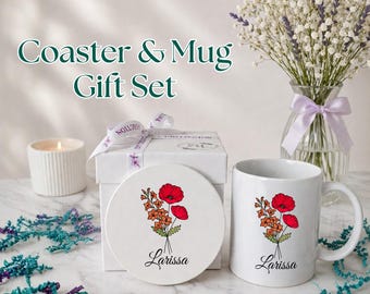 Personalized Birth Flower Mug and Coaster Gift Set: Custom Music Dance Teacher Gift Ideas, Preschool Kindergarten Unique Care Gift Box