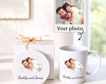 Custom Watercolor New Dad Mug and Coaster Gift Set: Personalized Grandpa Gift Ideas, Fathers Day Present for Dads Who Have Everything
