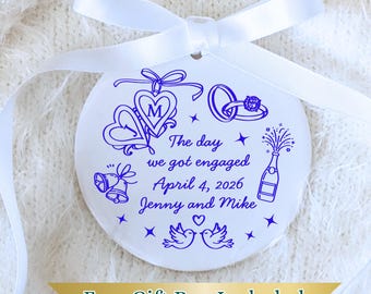 Personalized Engagement Date Doodle Ceramic Ornament: Custom Bridal Line Art Keepsake, The Year We Got Married Couple Premium Gift Idea