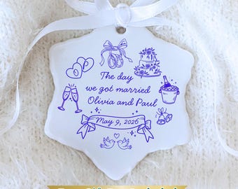 Personalized Wedding Date Doodle Ceramic Ornament: Custom Bridal Line Art Keepsake, The Year We Got Married Couple Premium Gift Box