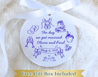 Personalized Wedding Date Doodle Ceramic Ornament: Custom Bridal Line Art Keepsake, The Year We Got Married Couple Luxury Gift Idea