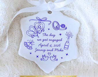 Personalized Engagement Date Doodle Ceramic Ornament: Custom Bridal Line Art Keepsake, The Year We Got Married Couple Premium Gift Idea