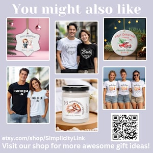 Puede incluir: Un collage de im&aacute;genes que muestran varios regalos personalizados, incluyendo un adorno navide&ntilde;o con el texto "First Christmas Married", un par de camisetas con el texto "Groom" y "Bride", una vela con el texto "16 amazing years together", y tres camisetas con el texto "Girls Trip". El collage tambi&eacute;n incluye un c&oacute;digo QR.