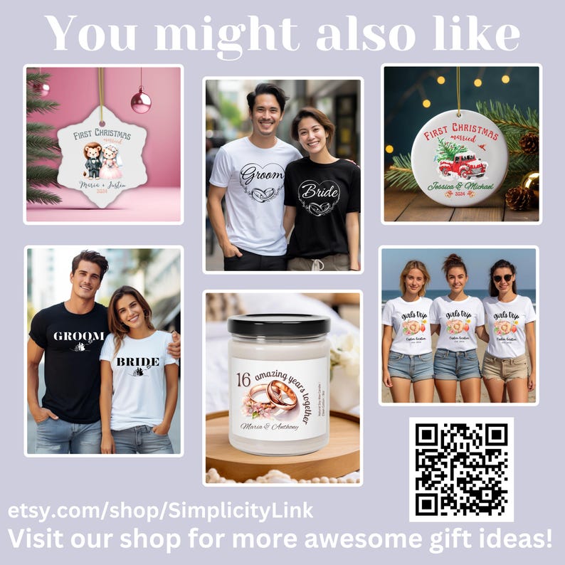 Puede incluir: Un collage de im&aacute;genes que muestran varios regalos personalizados, incluyendo un adorno navide&ntilde;o con el texto "First Christmas Married", un par de camisetas con el texto "Groom" y "Bride", una vela con el texto "16 amazing years together", y tres camisetas con el texto "Girls Trip". El collage tambi&eacute;n incluye un c&oacute;digo QR.