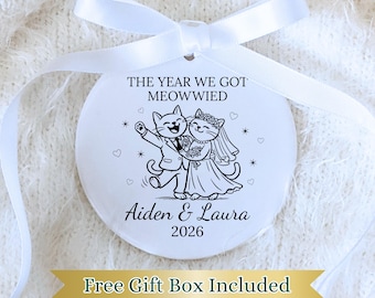 Personalized Cat Wedding Ornament: Mr & Mrs, First Christmas Married Keepsake, 2026 Funny Newlywed Gift, Getting Meowwied Present