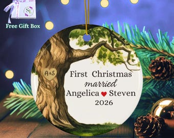 Personalized Engagement Date Ceramic Ornament: Custom Bridal Oak Tree Keepsake, Married Couple Luxury Gift Idea, First Christmas Newlyweds