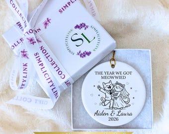 Personalized Cat Wedding Ornament: Mr & Mrs, First Christmas Married Keepsake, 2026 Funny Newlywed Gift, Cute Getting Meowied Present