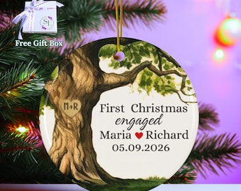 Personalized Engagement Date Ceramic Ornament: Custom Bridal Oak Tree Keepsake, Married Couple Luxury Gift Idea, Newlywed Present