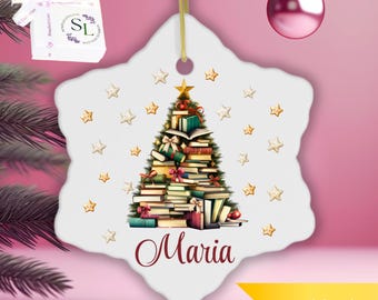 Personalized Book Lover Ornament: Custom Name Ceramic Christmas Tree