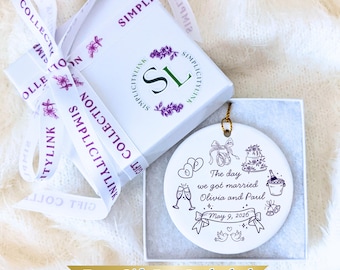 Personalized Wedding Date Doodle Ceramic Ornament: Custom Bridal Line Art Keepsake, The Year We Got Married Couple Premium Gift Box