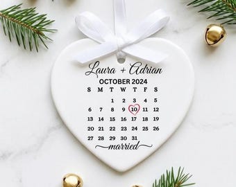 Personalized Wedding Date Ceramic Ornament: Engagement Keepsake Gift, Married Date Calendar, Engaged Couple Present
