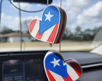 Puerto Rico Flag Rearview Mirror Heart shaped Hanger – Boricua Pride Cube Charm, Handmade 2 Inch ASA