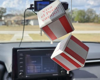 Peru Flag Rearview Mirror Hanger – Peruvian Pride Cube Charm, Handmade 2 Inch ASA