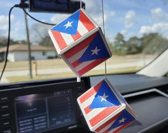 Puerto Rico Flag Rearview Mirror Hanger – Boricua Pride Cube Charm, Handmade 2 Inch ASA