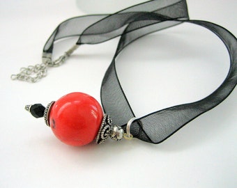 Pendant- Natural Coral bead - Bali Silver-Organza cord- Gift idea