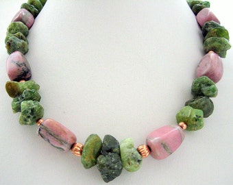 Necklace - Rhodonite nuggets - Row Green Garnets- Gold plated beads