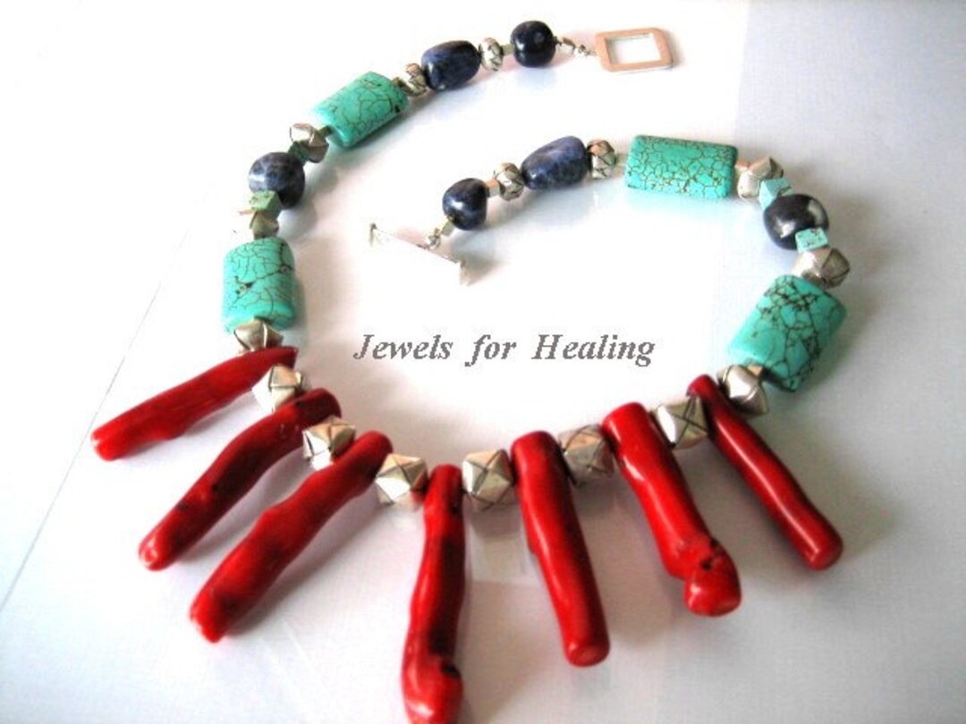 Necklace Coral Sticks Turquise Beads Sodalite Nuggetz Etsy