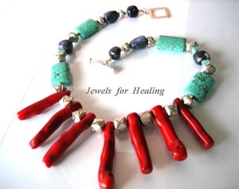 Necklace- Coral sticks - Turquise beads- Sodalite nuggetz - Sterling silver