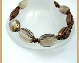 Bracelet, Smoky Quartz , Copper ovals, Copper rings