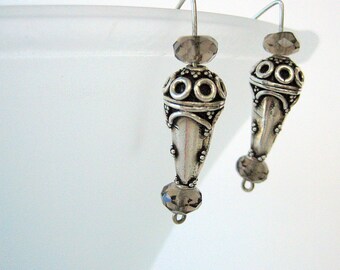 Earrings- Bali silver bead - Smoky Quartz Rondells - Sterling silver- Handmade sterling silver hooks-Fashion accessory